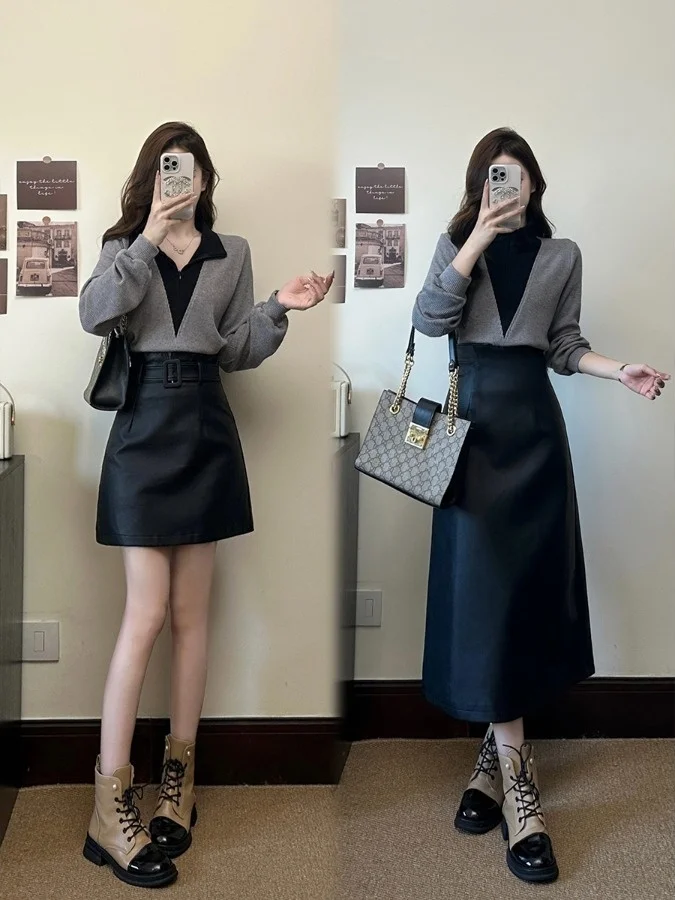 

Элегантный комплект больших размеров: женский вязаный костюм-двойка 2026 года, новинка осени, с многослойной юбкой, скрывающей живот, и эффектом похудения, модный, больших размеров