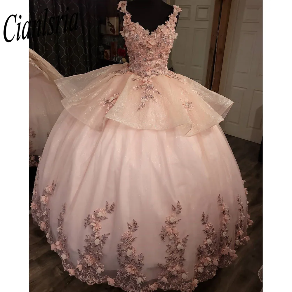 فساتين أميرة Quinceanera الأميرة ثلاثية الأبعاد الزهور الكرة ثوب عيد ميلاد تول الدانتيل متابعة الحلو 16 فساتين vestidos de 15