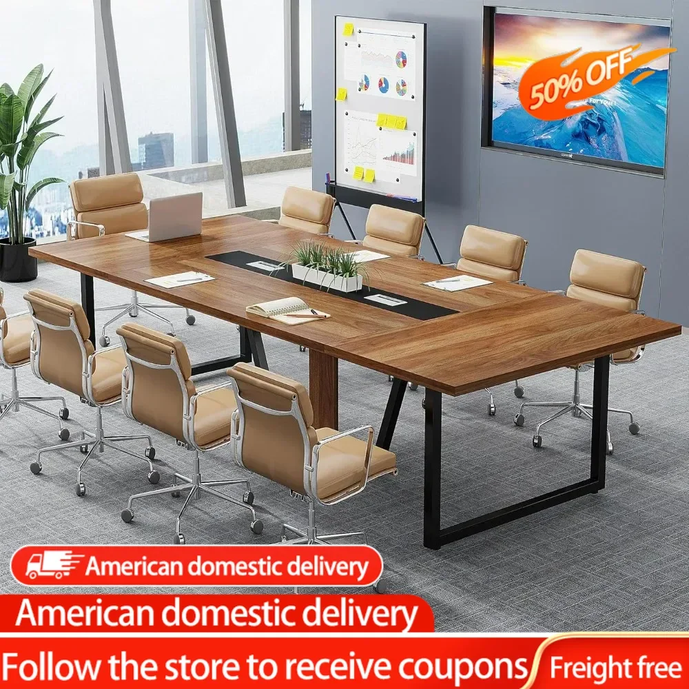 8FT Conference Table, for 10 People, Business Style Wooden Training Table with Strong Metal Frame for Office Conference