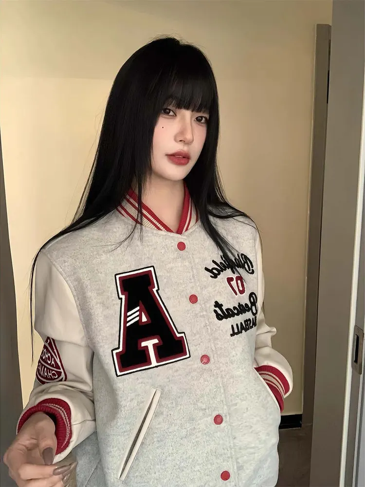 Thickened Retro American Baseball Jacket Women's Autumn Winter Grey Cotton Filled Coat Letter Embroidery Outerwear