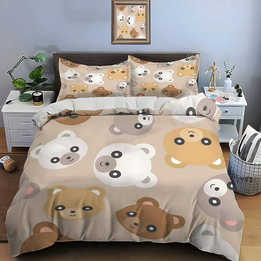 Cartoon bear face pattern Pattern Duvet Cover Set Digital Print Colorful Polyester Bedding with Zipper Closur for kids gifts