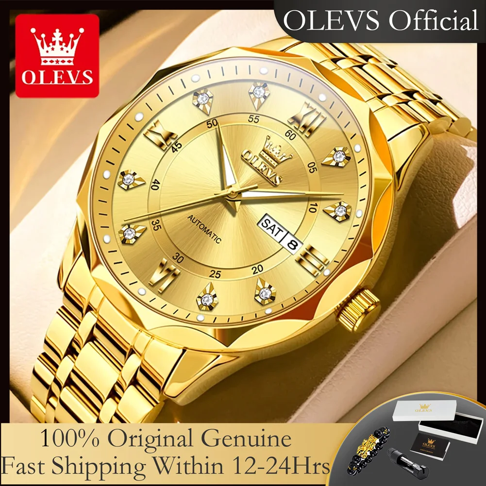

OLEVS 6727, автоматические мужские часы с бриллиантами, римскими цифрами, шкала, классический двойной календарь, деловые механические наручные часы для мужчин, новинка