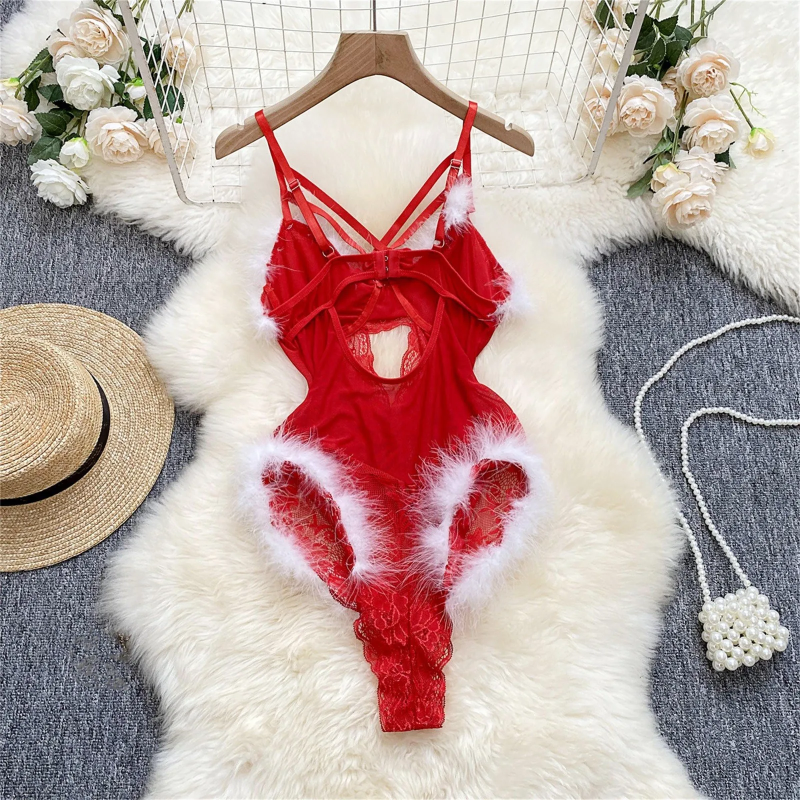 المرأة مثير عيد الميلاد المثيرة الملابس الداخلية فروي مع حلقة الصلب بودسوت/ بدلة الجسم المصنوعة من الدانتيل إهمال الملابس الداخلية سيكسي كاملة نسائية بيريليا #3
