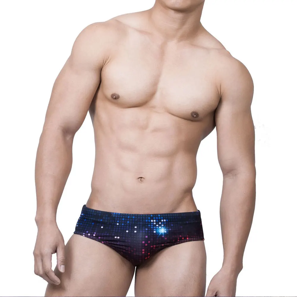 

Pixel mosaic square print trunks nightclub lighting fashion swimming shorts men