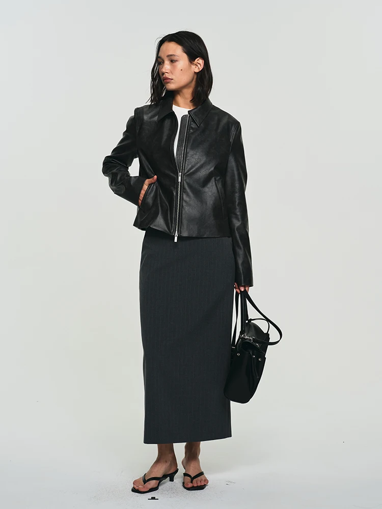 Goffrid Giacca Retro in Pelle PU con Doppia Cerniera, Abbigliamento Esterno da Donna, Eco-friendly, Nuovo Stile Primavera Autunno