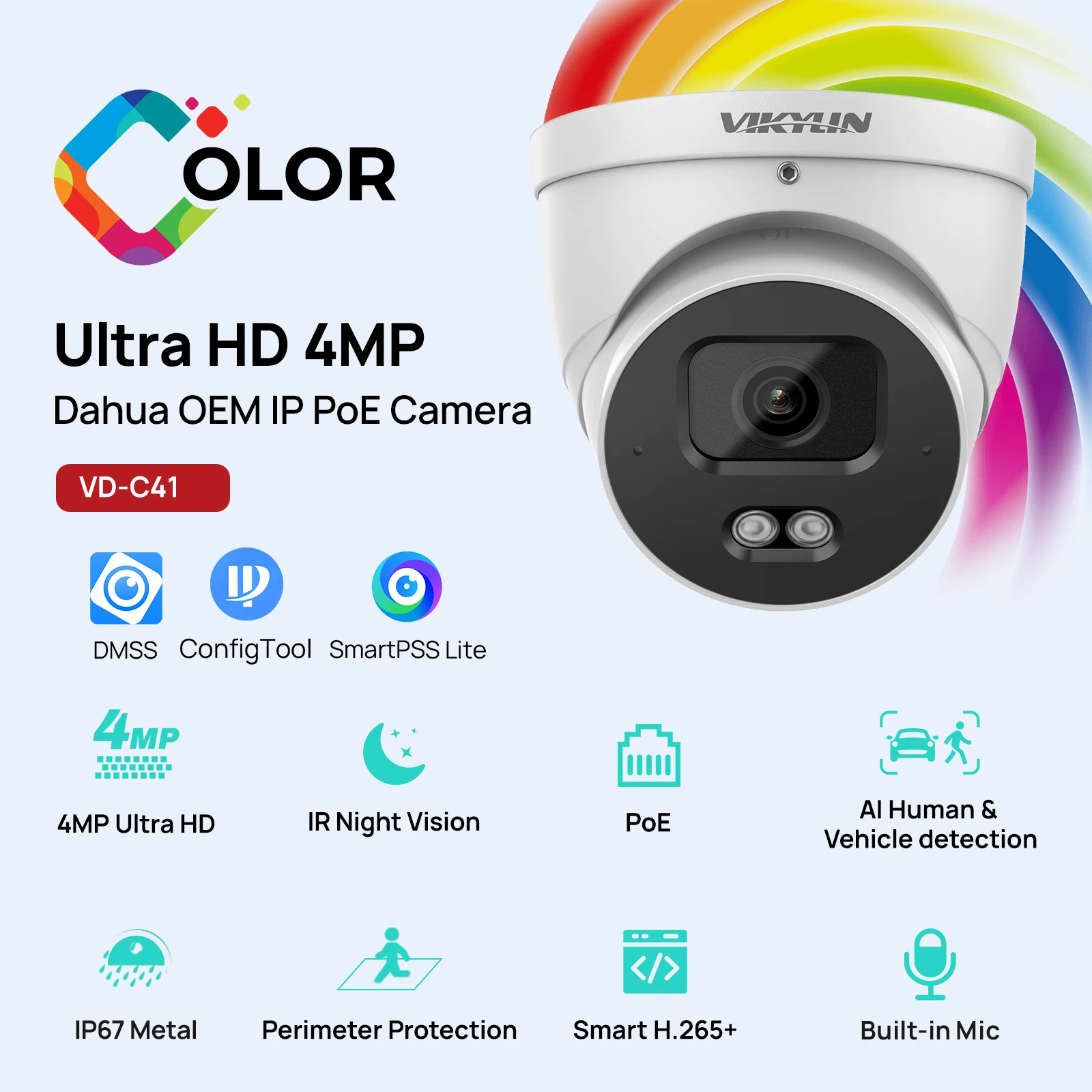 VIKYLIN 4MP IP Security Camera 30M IR Light Built-in Mic SMD2.0 Outdoor surveillance camera Support Onvif IP67 IVS Metal Housing