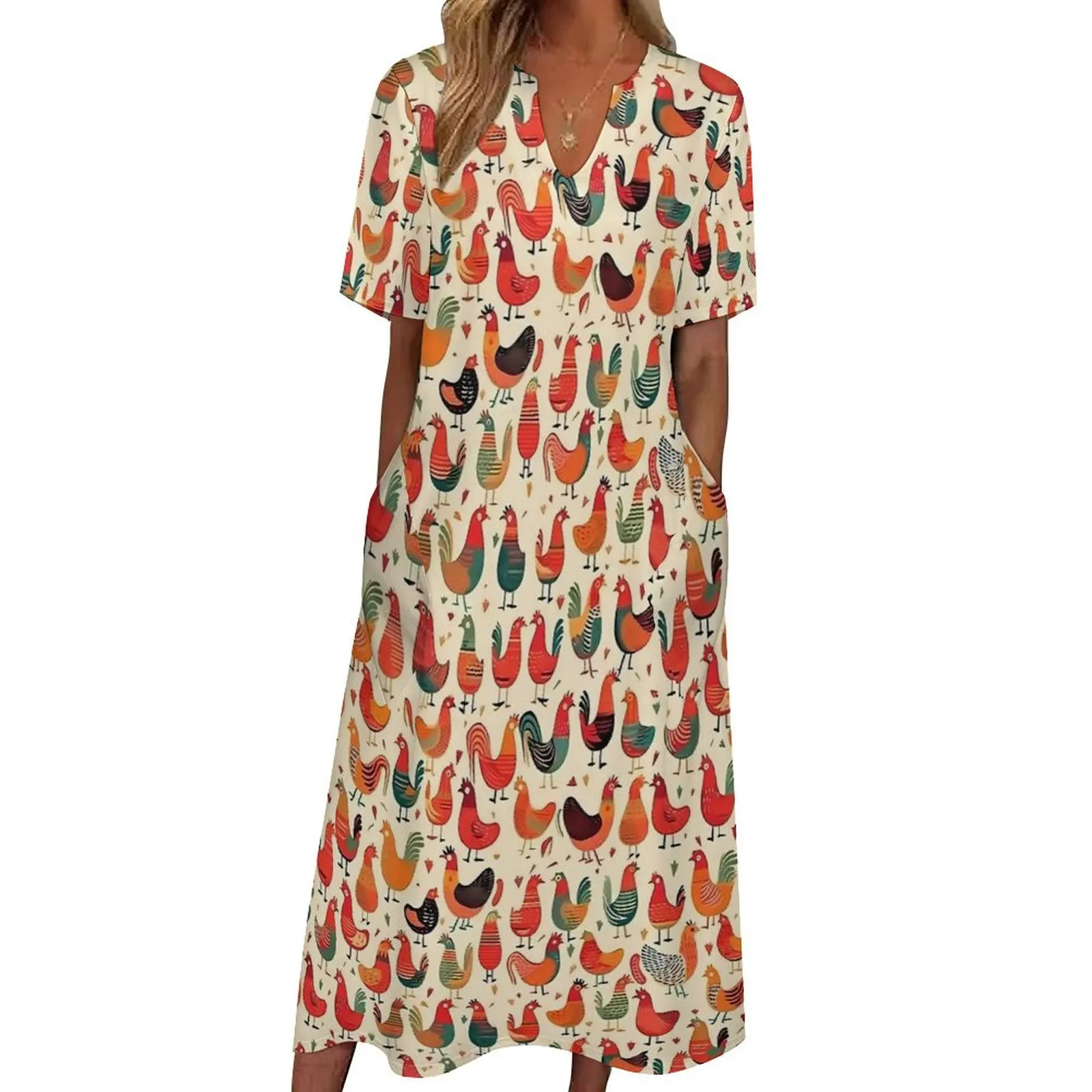 Chickens Rooster Vintage Dress  Beach Maxi Dress Street Wear Boho Beach Long Dresses Spring V Neck Custom Clothing Large Size