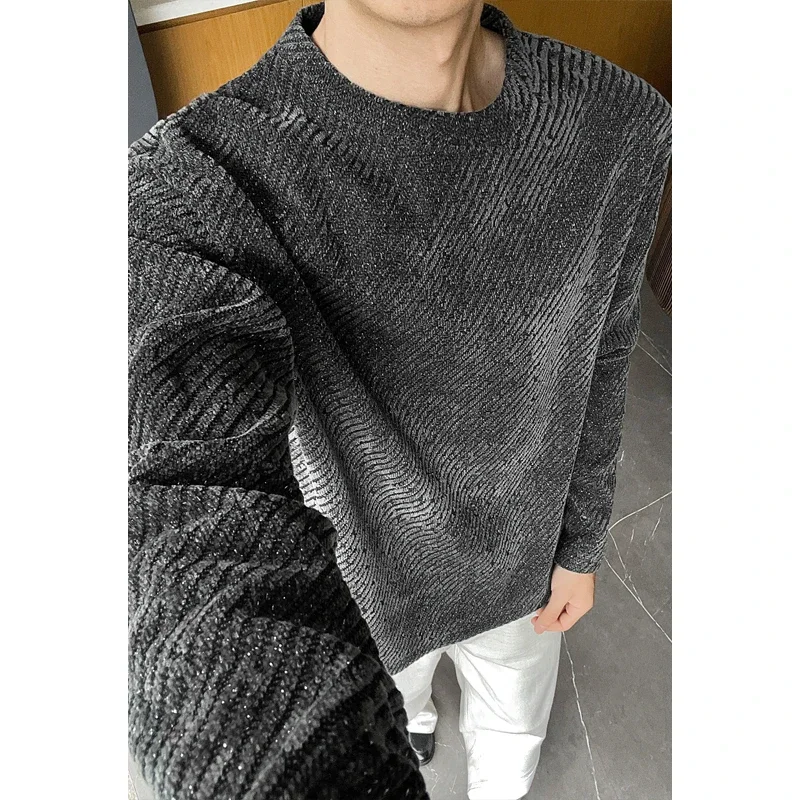 Sudadera de manga larga con cuello redondo para hombre, con diseño de rayas diagonales en tejido jacquard, corte holgado y extragrande, ideal para el atuendo diario de otoño.