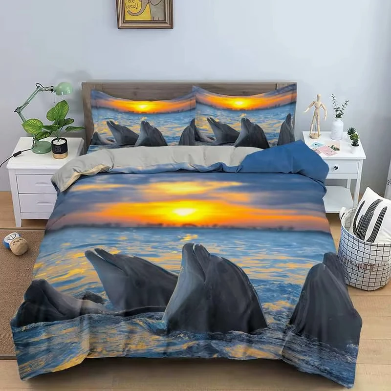 Dolphin Duvet Cover Ocean Theme Cute Marine Life Bedding Set Mediterranean Style Quilt Cover Underwater World Comforter Cover