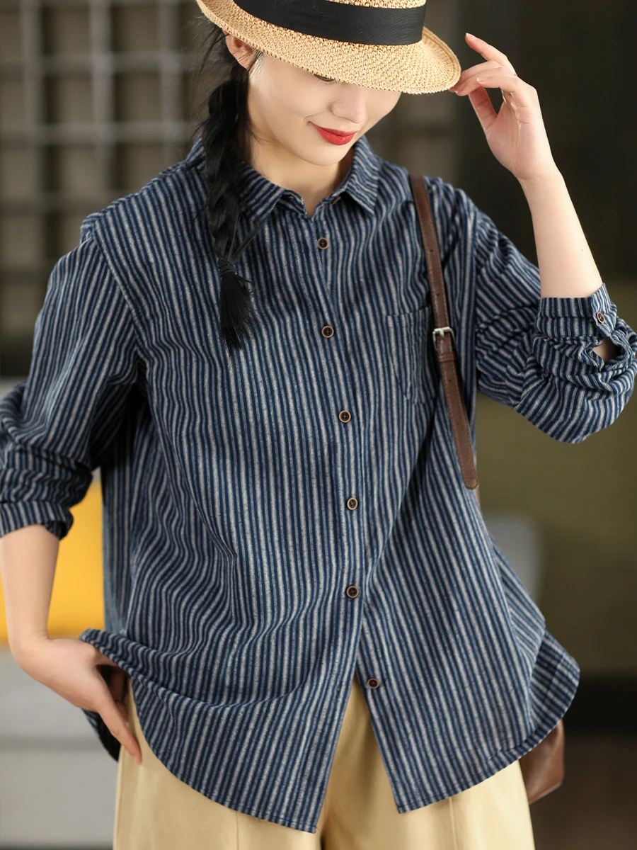 

Retro Striped 00% Cotton Color Woven irt Women's Plaid Turn-down Collar Long Sve Spring Versatile Top Breathable Skin-f...