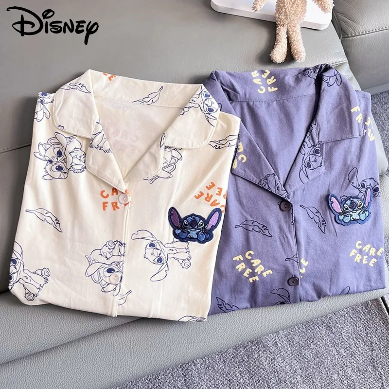 Disney Stitch Cute Home Clothes Women\'s Summer Pajamas 2 Piece Set Top Shirt Shorts Y2k Trendy Nightdress Suit Couples Sleepwear