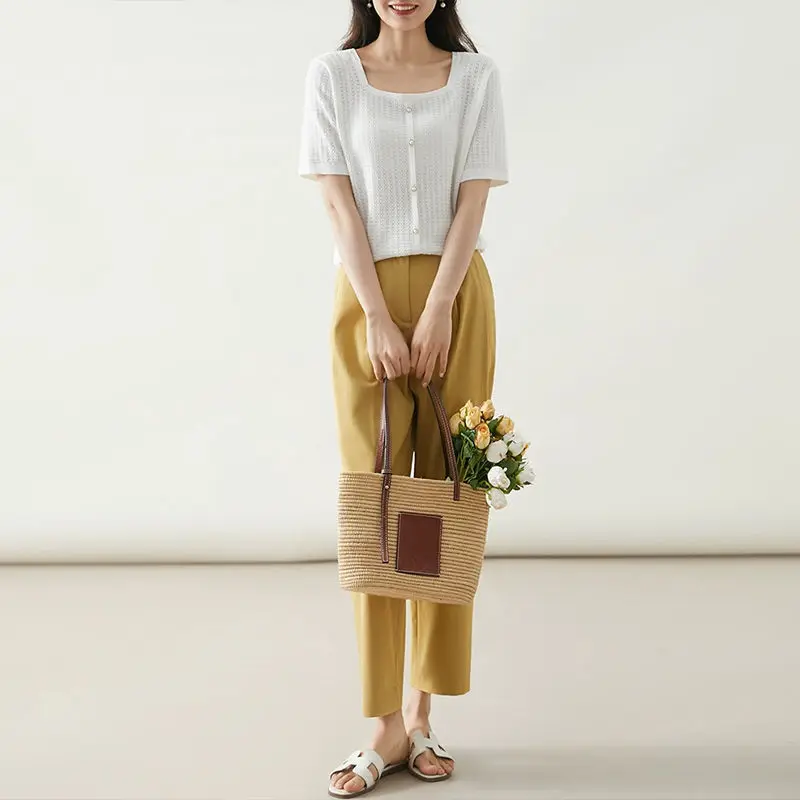 Square Neck Ice Silk Short-sleeved T-shirt Women Summer New Slim Small Fragrance Style Beaded Thin Knitted Sweater Hollow Top