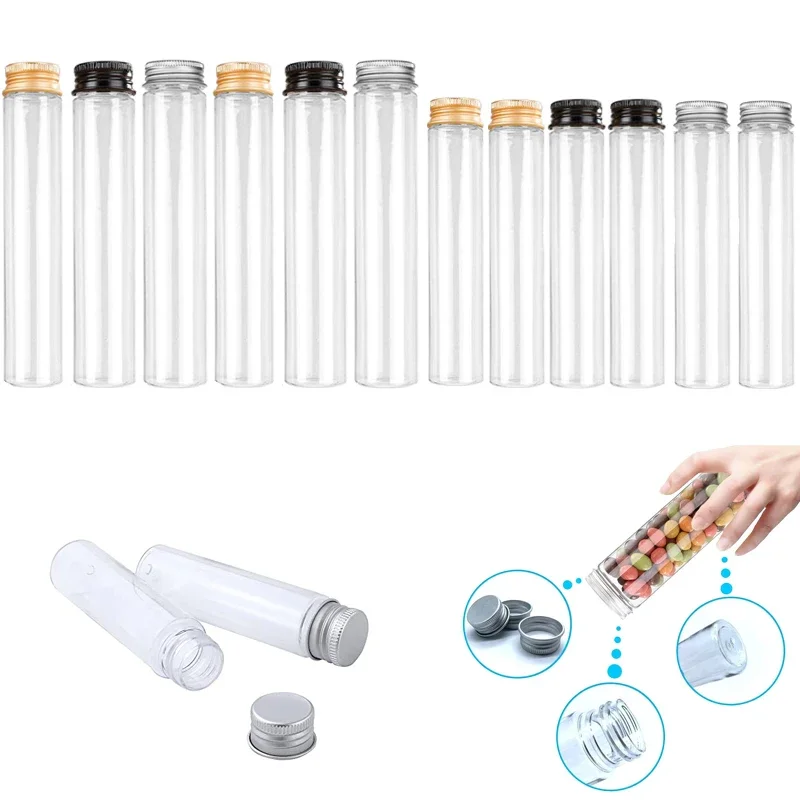 5Pcs 30ml-110ml Clear Straight Bottle Containers Plastic Test Tubes Bottle w/ Screw Aluminum Caps For Candy Storage Party Favors