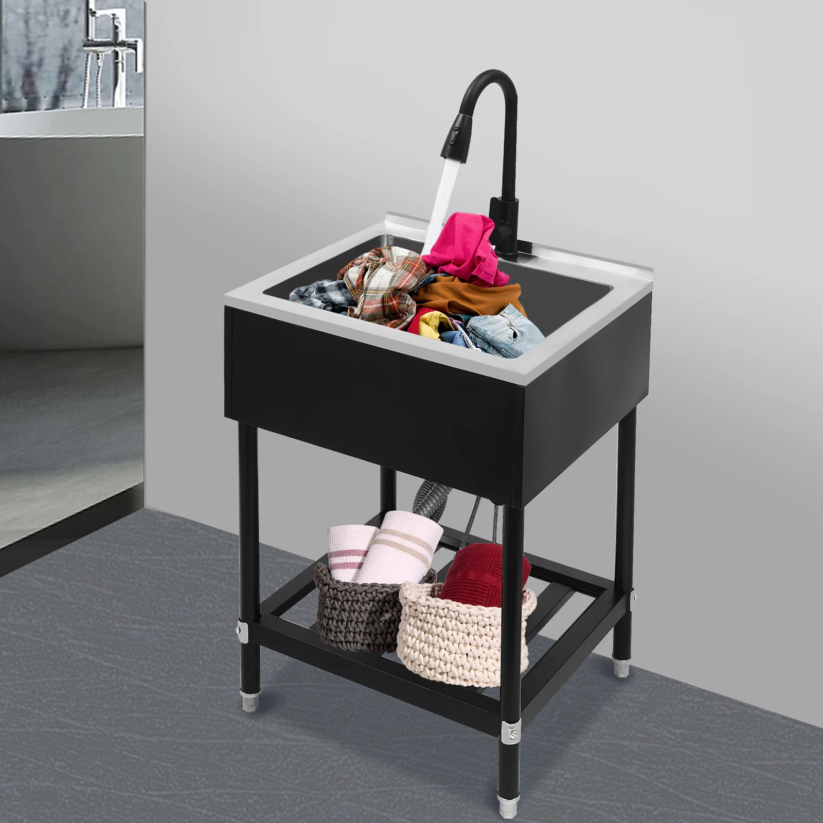 حوض غسيل تجاري حديث مستطيل واحد، حوض غسيل من الفولاذ المقاوم للصدأ مع صنبور وحامل، سعة 6 مم، سعة 100 كجم #2