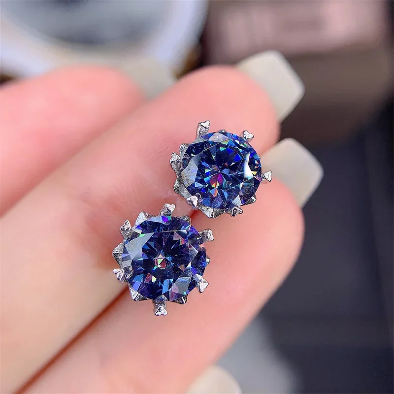 Blue Moissanite 925 Sterling Silver Stud Earrings Women's 4 Carats Total 2 Carats Each Round Cut D VVS High Jewelry