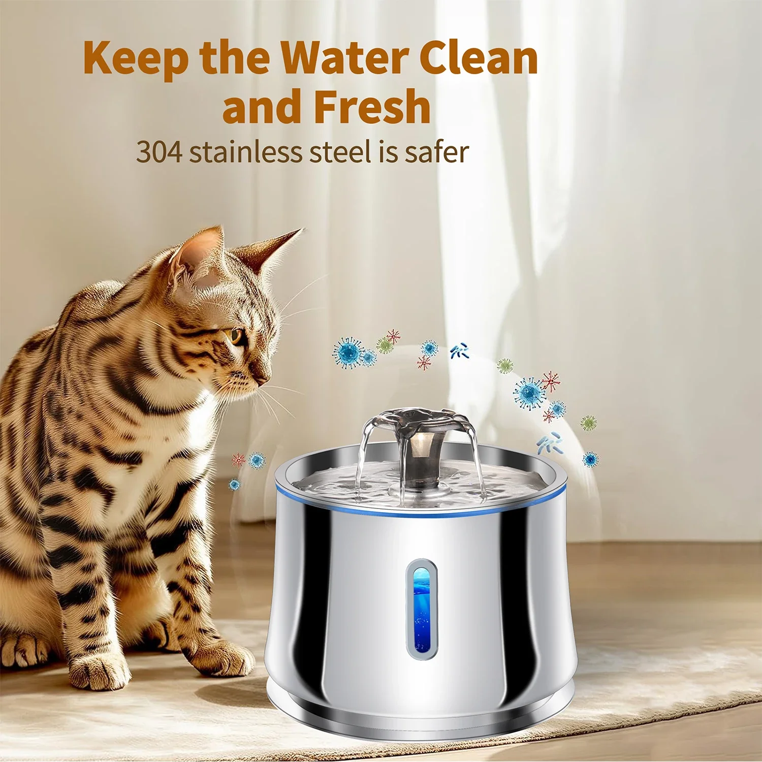 Cat Fountain Stainless Steel 2.5L Fully Automatic Cat Water Dispenser with Ultra Silent Pump and Automatic Water Level Sensing