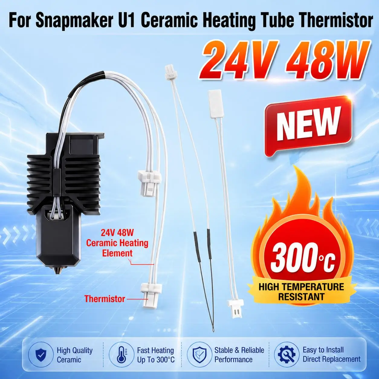 24V 48W Ceramic Heating Tube Thermistor Nozzle Hot End Replacement Parts for Snapmaker U1 3D Printer Temperature Detector
