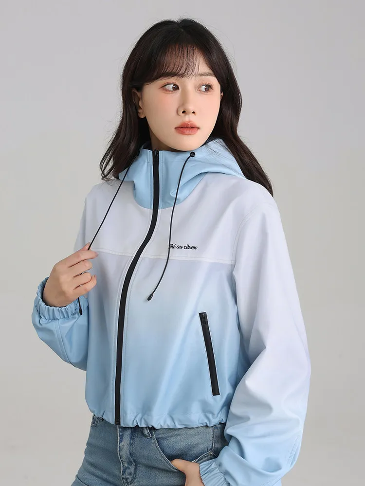 Gradient Hooded Short Jacket Women Lady Lightweight Windbreaker Coat Casual Outdoor Zip Up Crop Jacket Chic Spring Outerwear