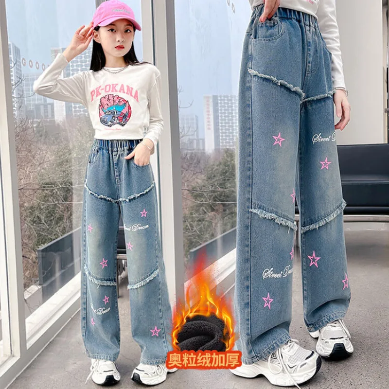 Teenage Girls Jeans With Fleece Autumn Winter Casual Flower Print Kids Wide Leg Insulated Pants School Children Denim Trousers