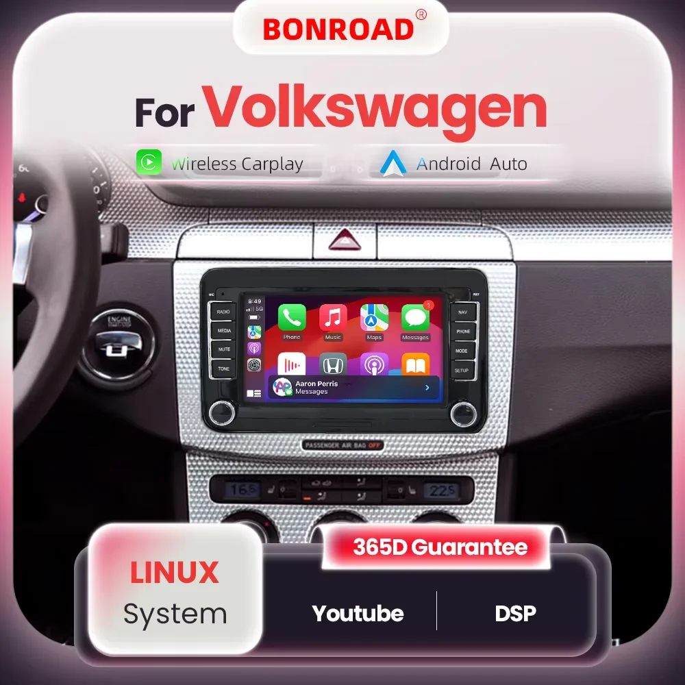 BONROAD 7 inch Wireless Carplay Touch Screen For Volkswagen Golf 5 6 Passat b6 b7 Polo Jetta Skoda Seat Altea Touran Tiguan Caddy 2003-2013 Years Car Radio Multimedia Player with Android auto Youtube Bluetooth DSP Rear view Camera Screen