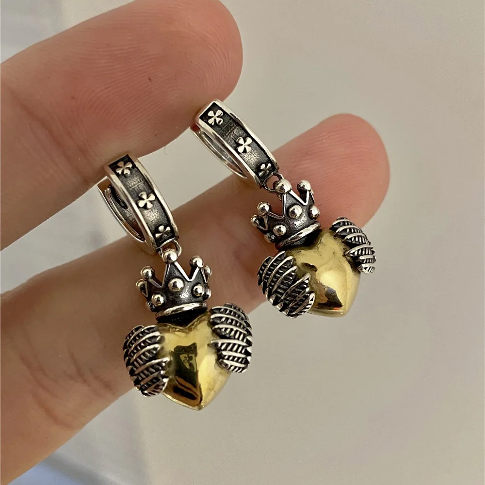 2023 New Arrival Romantic Love Heart Crown Wing Retro 925 Silver Needle Female Tassels Stud Earrings Jewelry No Allergic