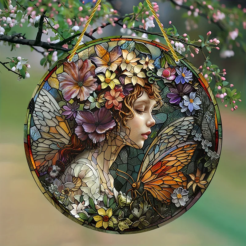 Fairy Angel Colorful Art Flower Suncatcher Stained Window Hanging Round Acrylic Pendant for Home Garden Yard Wall Ornament Decor