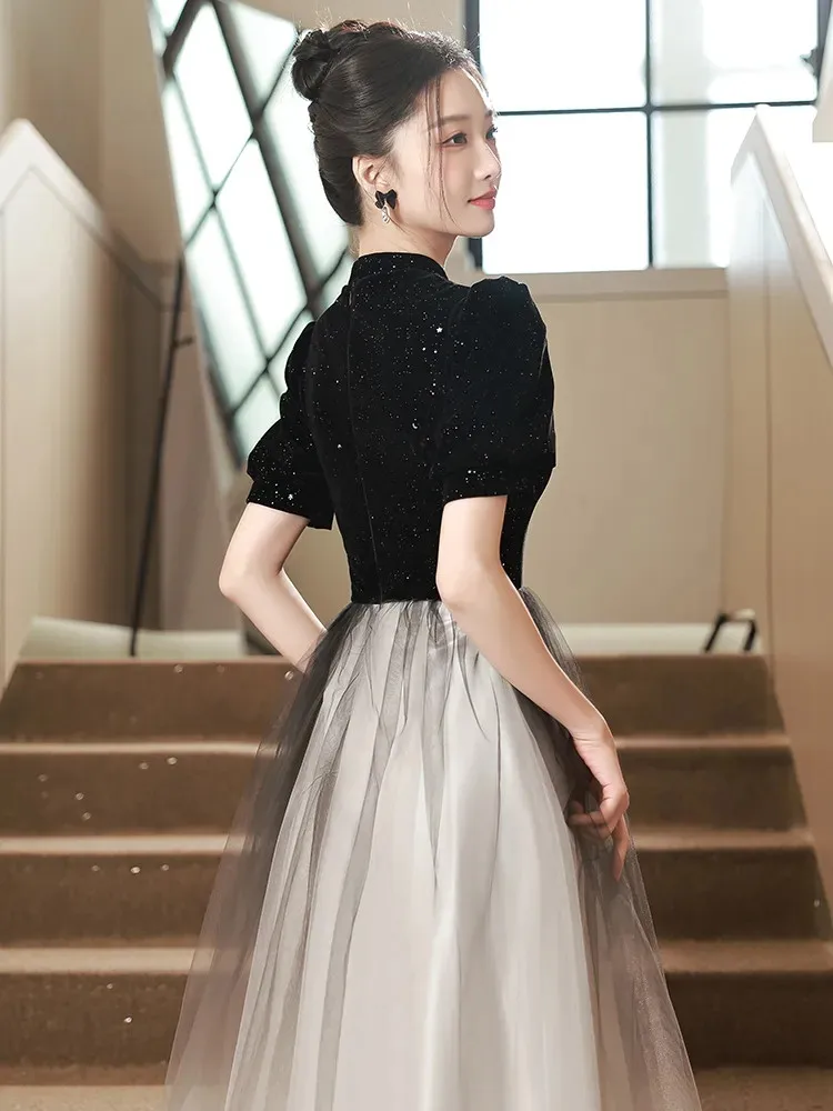 Black Dress for Women Summer New Splicing Nail Sequin Stand Collar Net Yarn Short Sleeve Long A-line Skirt Female Clothing M098