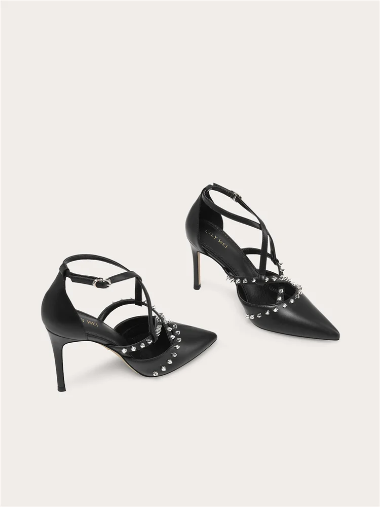 Spring/Summer New Pointed Black Leather Fine Heel Riveted Sandals Banquet Large Size Small Size Widening High Heel Women's Shoes