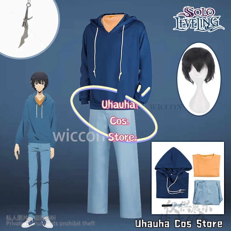 Anime Solo Leveling Cosplay Sung Jin Woo 나 혼자만 레벨업 Costume Blue Uniform Hoodie Suit Wigs For Halloween Christmas Cos Customized