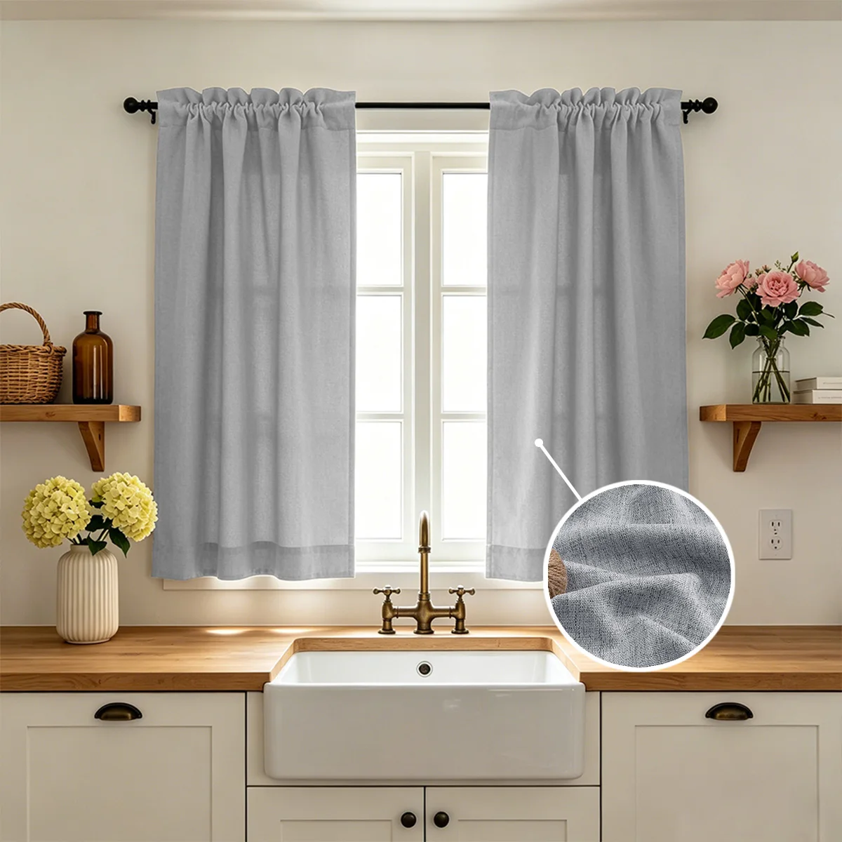 Two Pieces, Bohemian Style Solid Color Faux Linen Polyester Kitchen Curtains, Rod Pocket Top, Soft and Thick, Naturally Light-Filtering, Privacy Protection, Washable, Suitable for All Seasons, Vintage Pastoral Style Home Small Curtains, Coffee Curtains, Suitable for Kitchen, Bedroom, Living Room, Office, Basement, Cafe, Rv, Closet