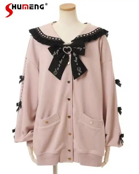 Kawaii Clothes for Women Heart Shape Rhinestone Bandage Bowknot Sailor Collar Nine Bowknot Sweatshirt Coat Hoodies for Women