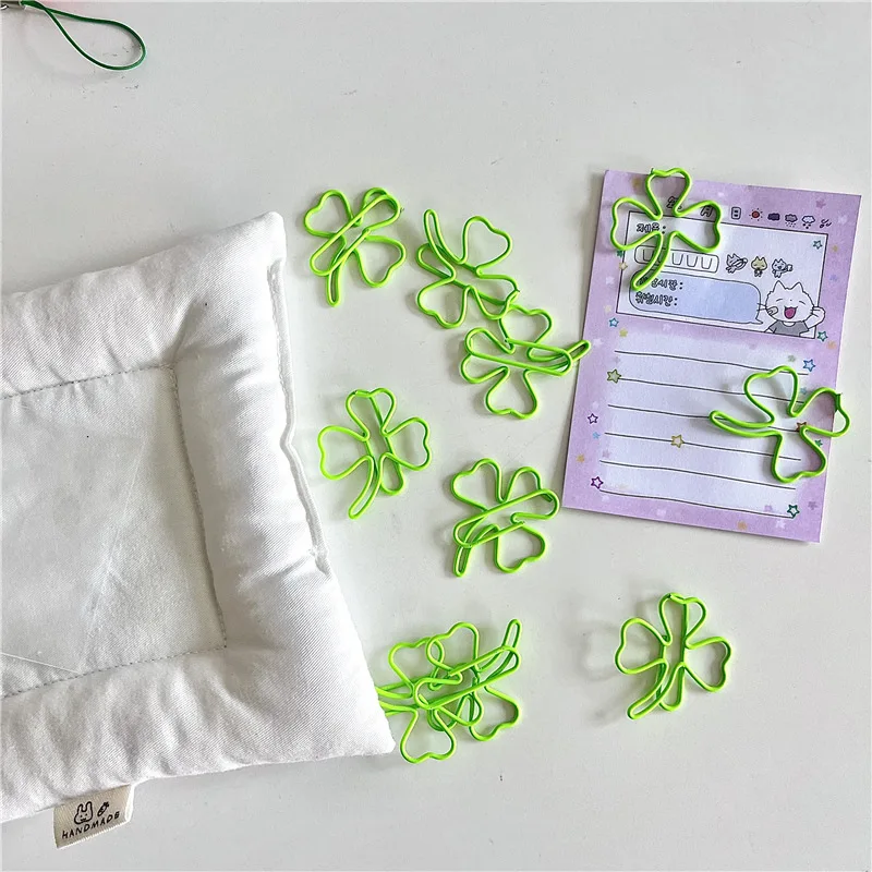 5pcs Cute Creative Design Paper Clip Green Ins Simplicity Color Clover Scrapbook Paper Clip Sweet Bookmark Student Supplies