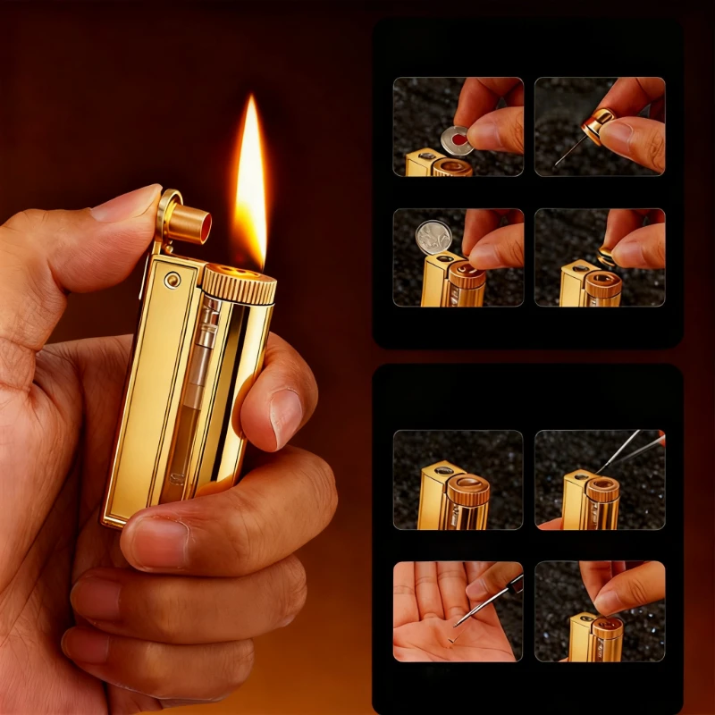 

Creative Retro Metal Lighter: Open Flame Cigarette Lighting, Personality Grinding Wheel + Metal Knurling, Complete Smoking Set