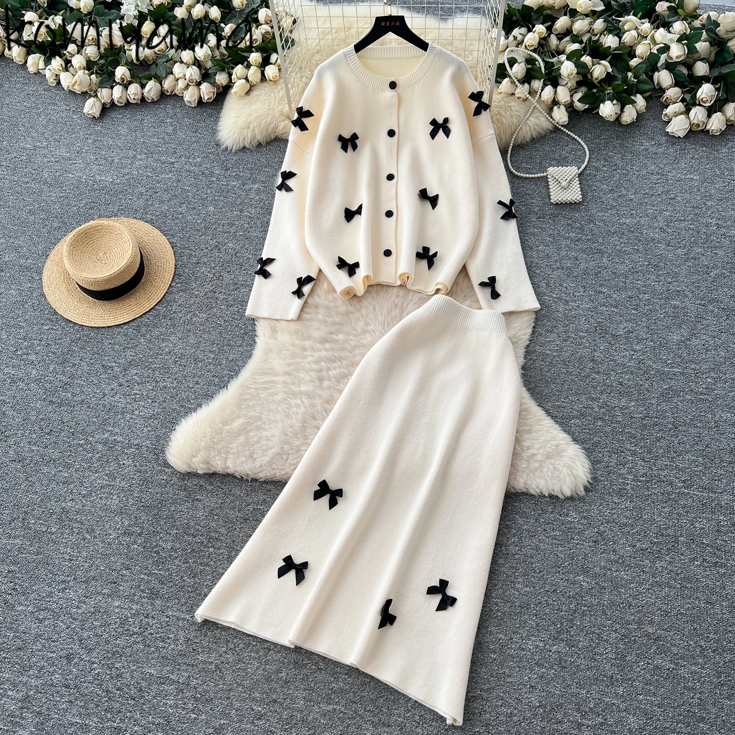 

Bow Patchwork Woman 2025 Sets O-neck Single Breasted Cardigan High Waist Skirt Looce Casual Lazy Style Knitted 2 Pieces Set