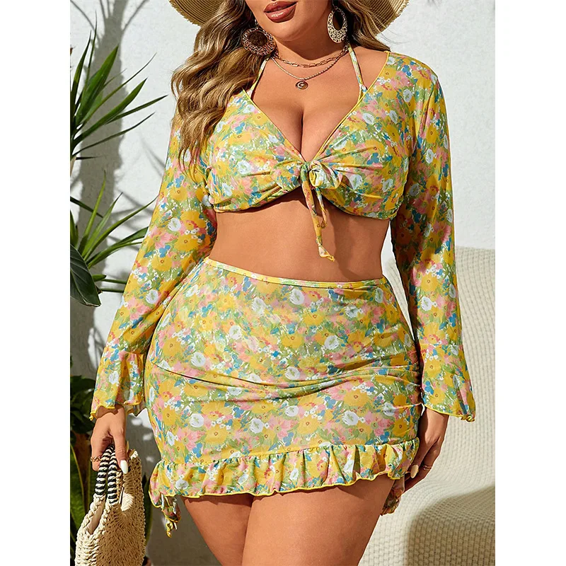 Print 4 Piece High Waist Bikini Set Plus Size Swimsuit Women Swimwear Strapped Curvy Beach Lady Big Bathing Suit