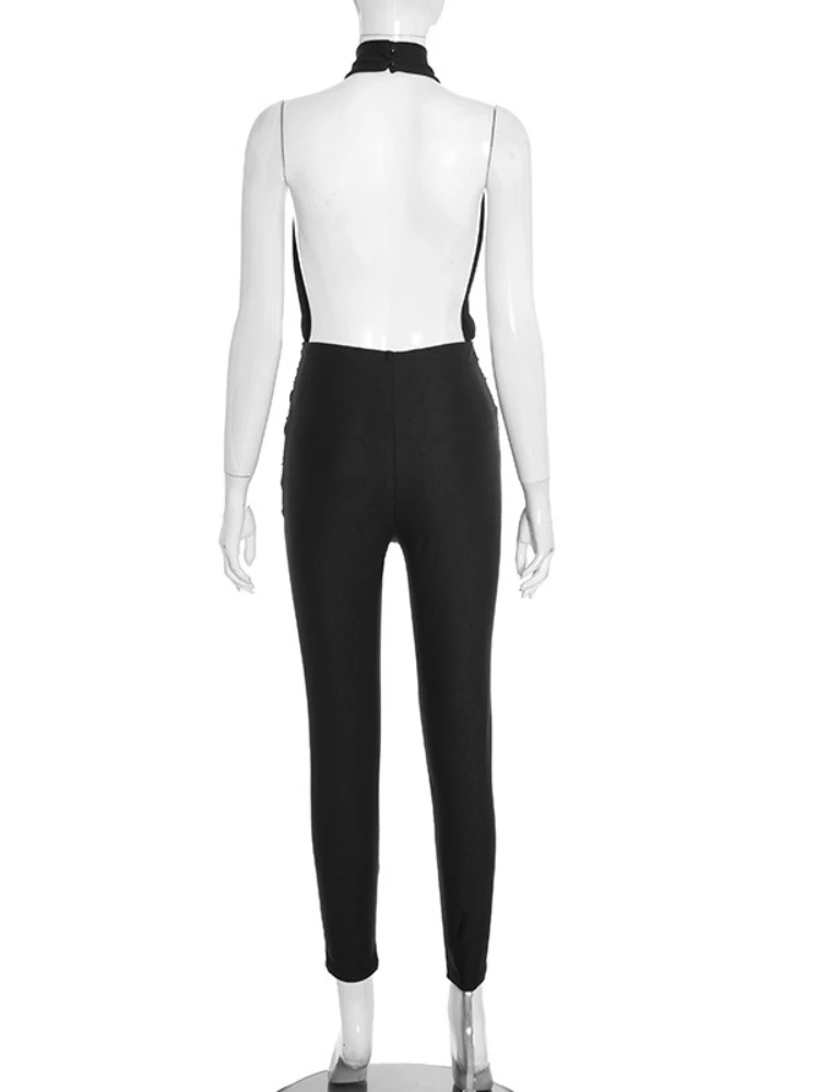 SsTss المرأة الصيف الصلبة الرسن طوق عارية الذراعين سليم بذلة قطع التفاصيل أكمام Ruched بناطيل ضيقة وزرة كلوبوير #6