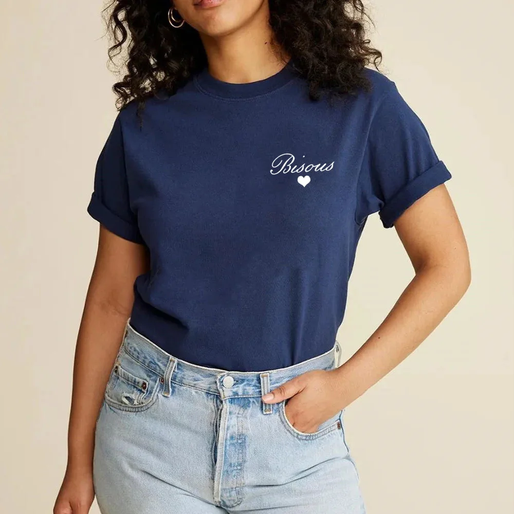 Bisous Letters Printing Female Elegant Cotton T Shirts Summer Short Sleeve Loose Casual Tops 2026 Express Love Graphic Tees