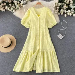 Vacation Style Bubble Sleeve Short-sleeve V-neck Single breasted Dress Women's Summer New Casual Solid Color A-line Long Dresses