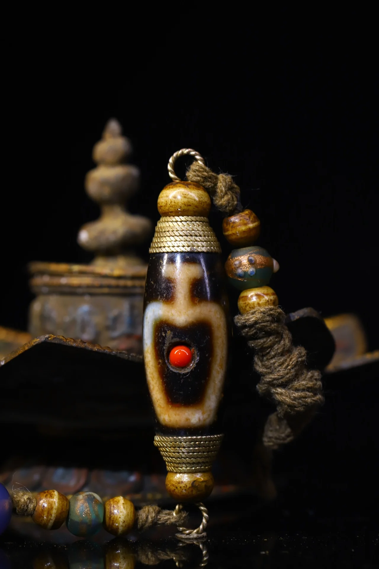 

3" Tibetan Temple Collection Old Natural Agate Mosaic Gem gZi Beads nine eyeballs Amulet pendant Town house Exorcism