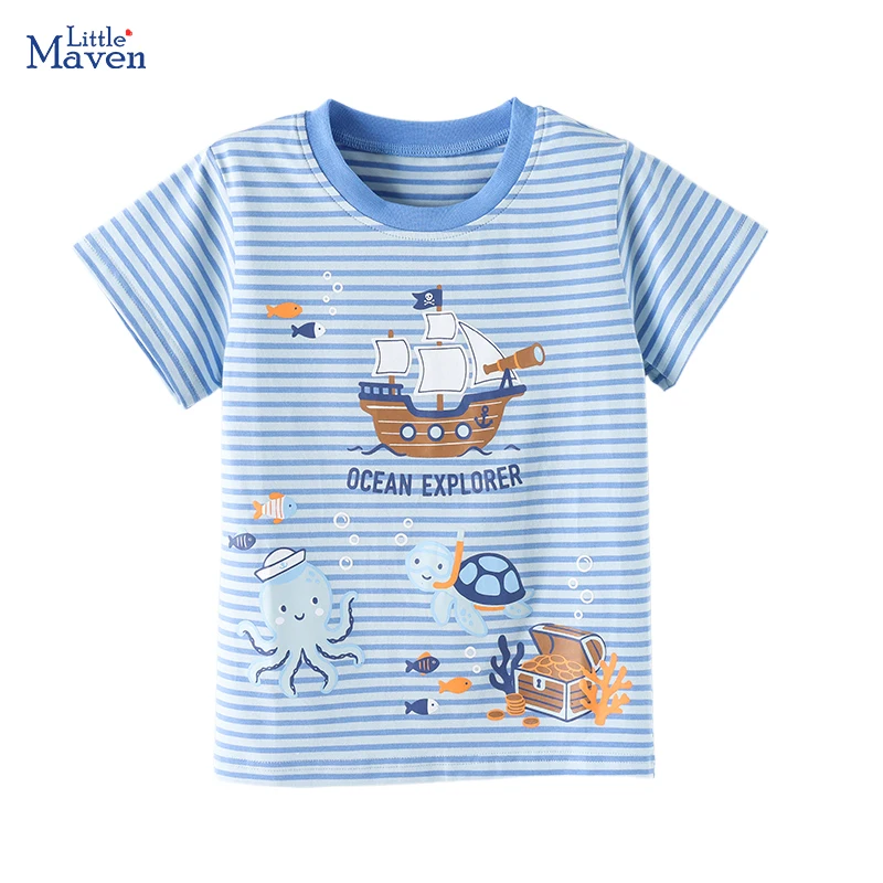 Little maven Kinderkleidung Baby Jungen 2026 Sommer Neue T-Shirts Urlaubs-Kinderkleidung Cartoon Raketen Weltraum-Shirts 2-7 Jahre