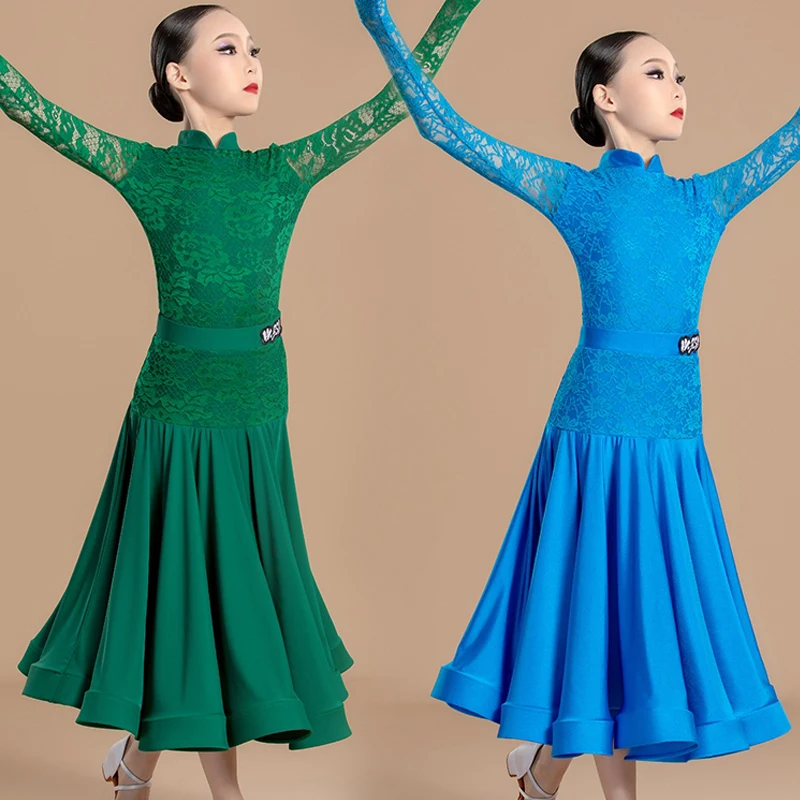 

Children'S Latin Dance Competition Costumes Green Blue National Standard Ballroom Dance Dresses Girls Modern Dancing Wear XS7973