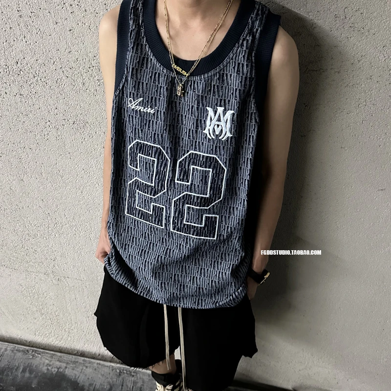 

Denim Embroidered Letter Logo Vest Summer Fitn High Street Trend ex Loose Fit round Ne Knitted Vest for Youth