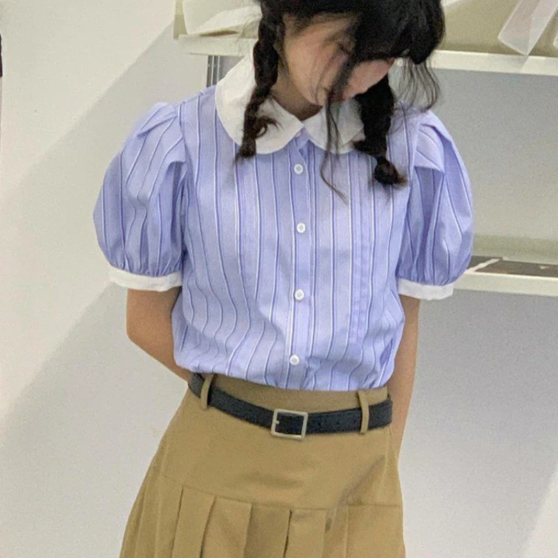 

PUFF Sleeve Burble Short Sleeve Shirts Sweet Blue Striped Lapel Tops Young Women Preppy Style College Girls Kawaii Blouse Summer