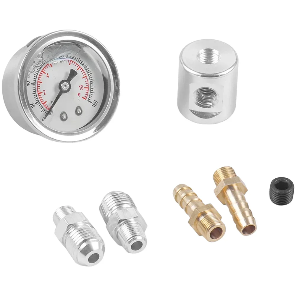 Silver Fuel Pressure Gauge Adapter Kit Fuel Inject Control 0-160 Psi Range Metal Construction Tee Adapter Included