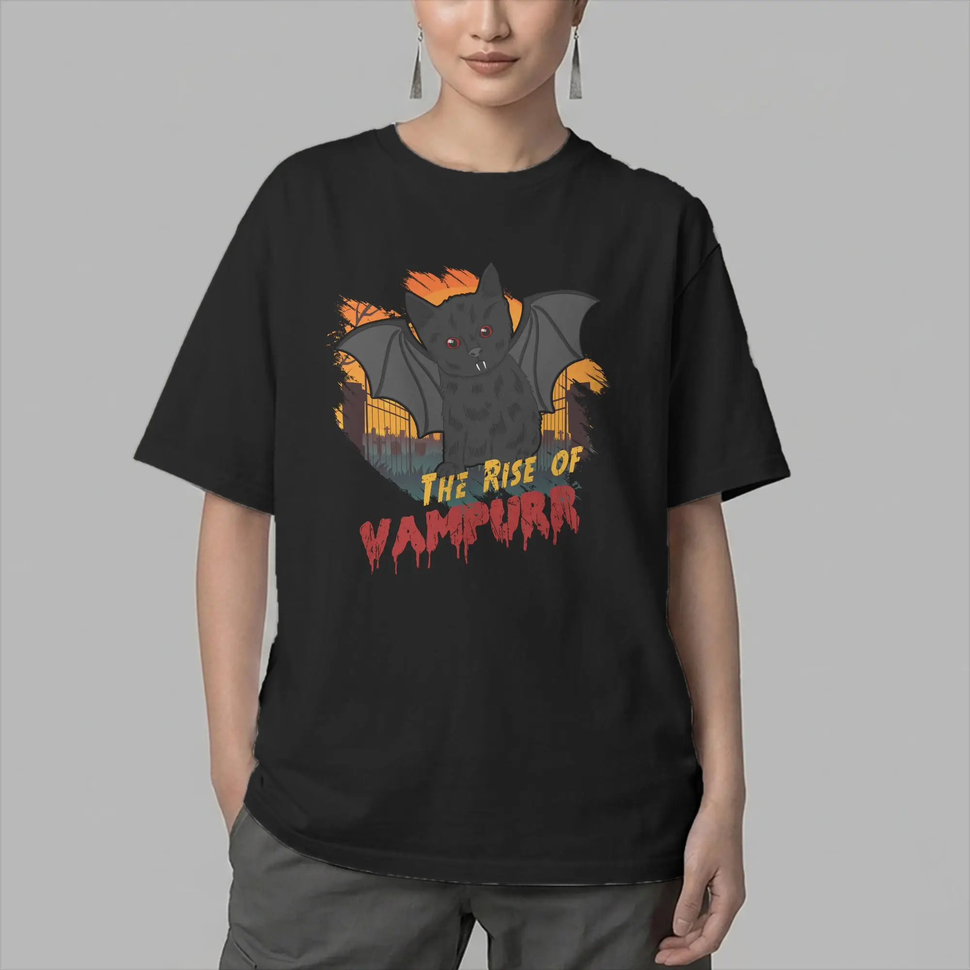 Return of The Vampurr  T-Shirt for Men Cat Kitty Halloween Awesome Cotton Tee Shirt Round Neck Short Sleeve T Shirt
