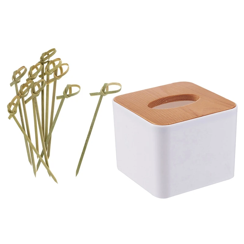 500Pack Bamboo Cocktail Picks Cocktail Toothpicks 4 Inch & 1X Square Wooden Tissue Box Case Napkin Holder