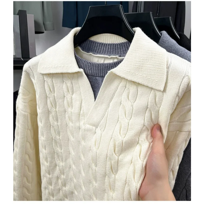 Retro Fake Two-piece Lapel Sweater Men's Autumn Winter Loose Warm Twist Knitted Casual Sweaters Pullover Knitwear Tops XXXL Grey