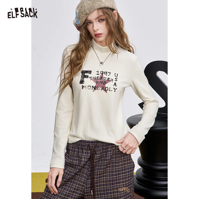 

ELFSACK 2025 Winter New Arrivals Y2K Slim Fit Half Neck Graphic Long Sleeve T-shirt For Woman