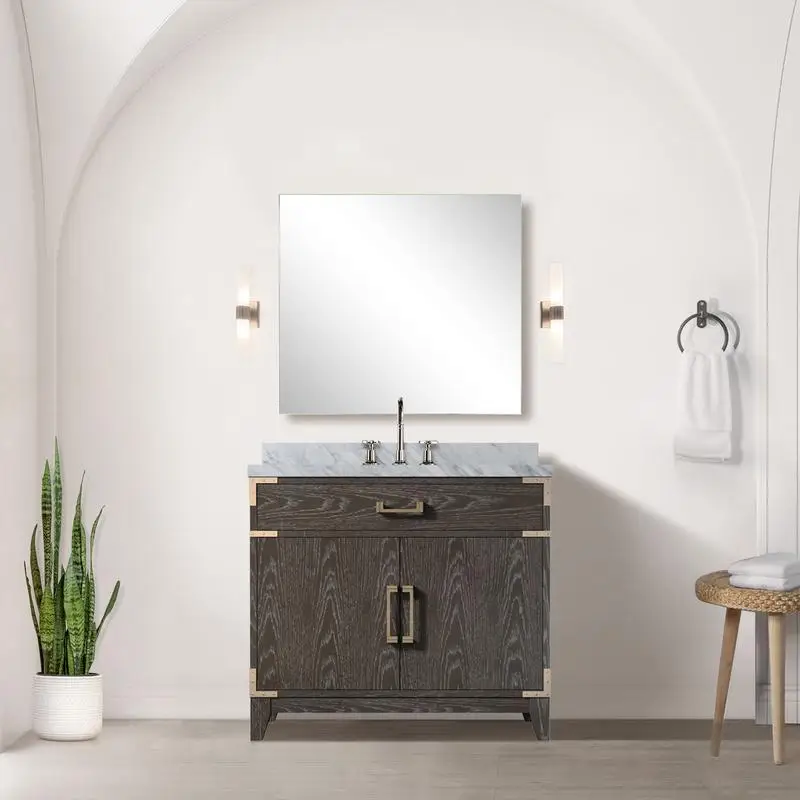 

Brown Oak Single Bath Vanity 36" W x 22" D with Carrara Marble Top & Faucet Set, Elegant Design for Modern Bathrooms