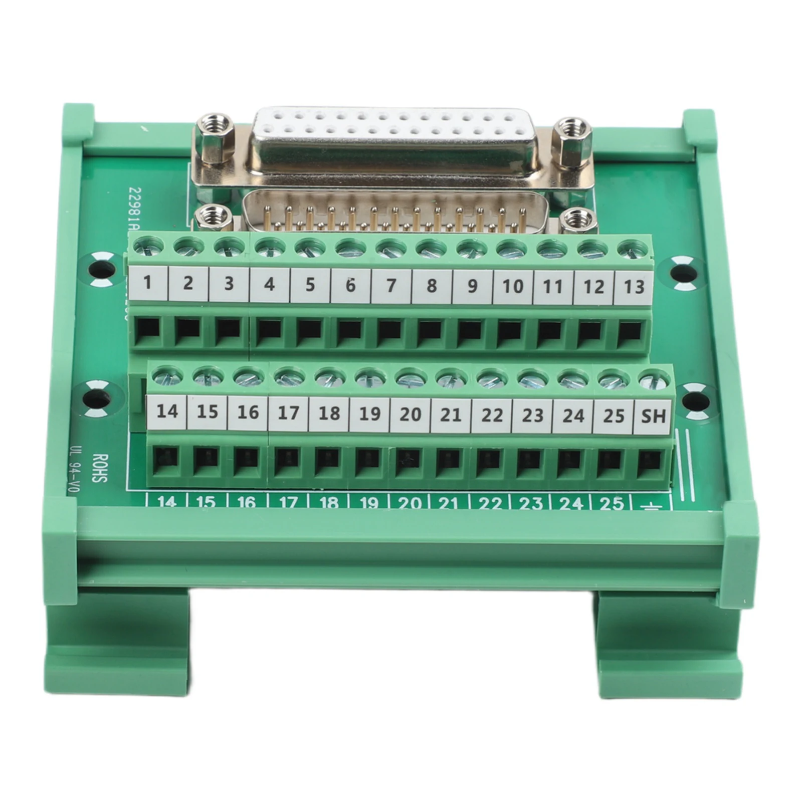 DB25 Male to Female DIN Rail Terminal Block Adapter with Screw Terminal and Dual Copper Layer PCB Construction
